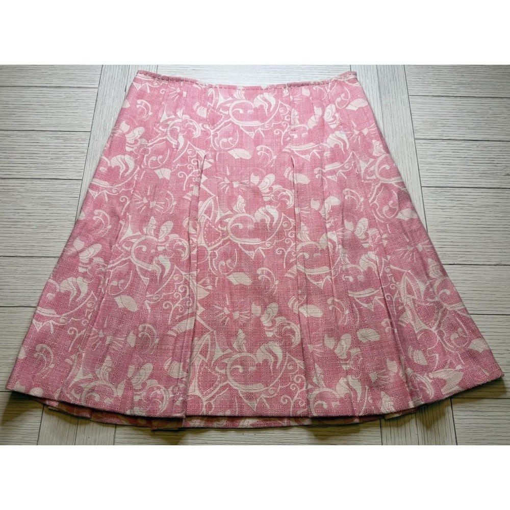 Elie Tahari Pink White Floral Pleated A Line Knee Length Linen Blend Skirt 10 P